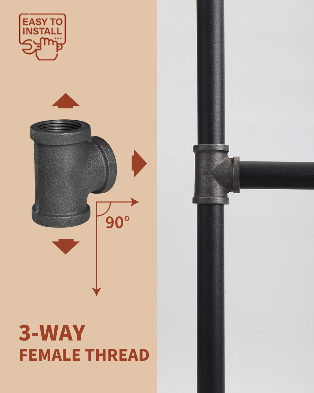 AGUTEA black wrought iron tee fitting Gland holder T-connector Floor fitting Straight rod tee connector 1/2inch 3/4 inch 1inch (Pack of 1)