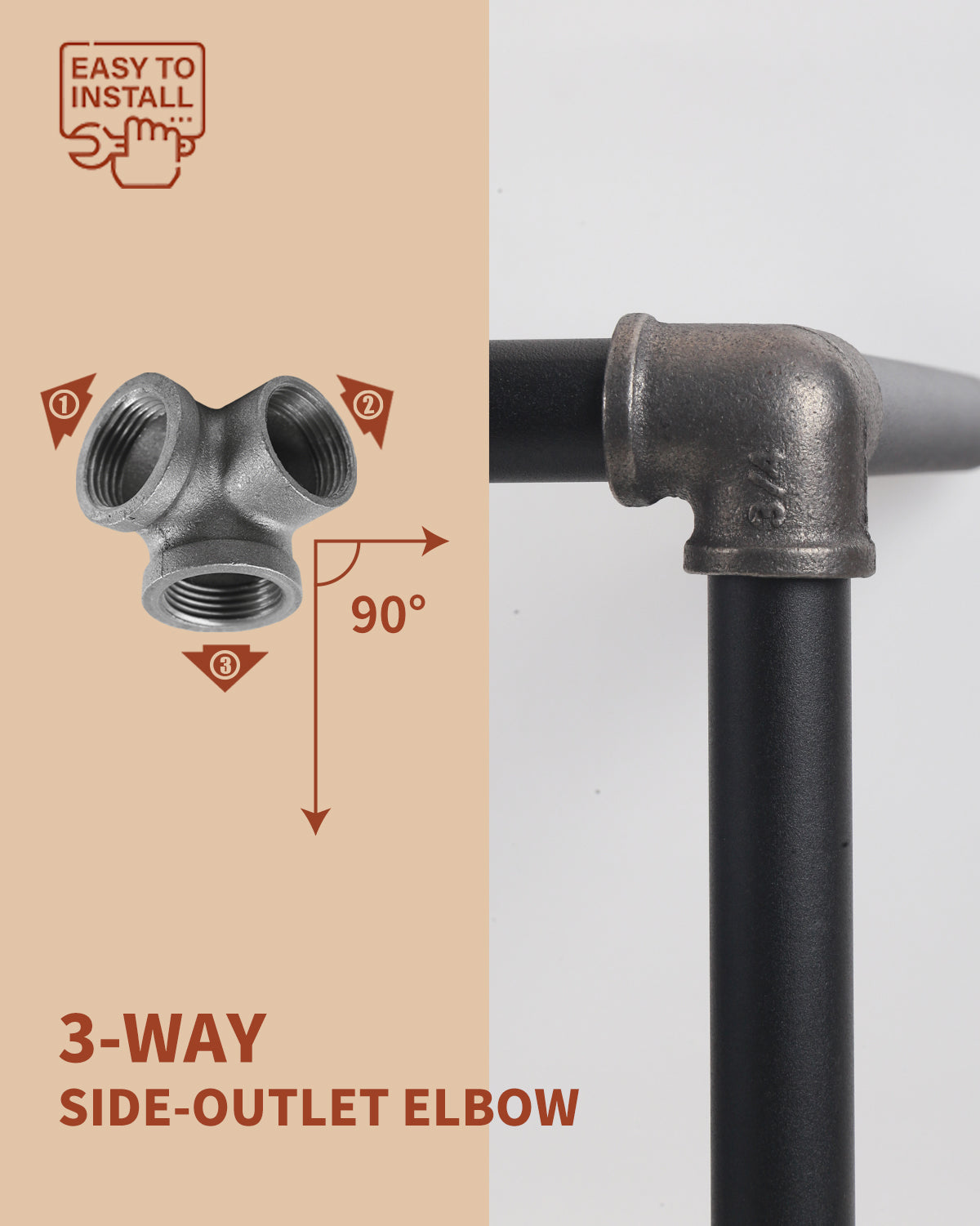 AGUTEA Right Angle Black Malleable Iron Tee Fitting 3-Way Side Exit Elbow Connector