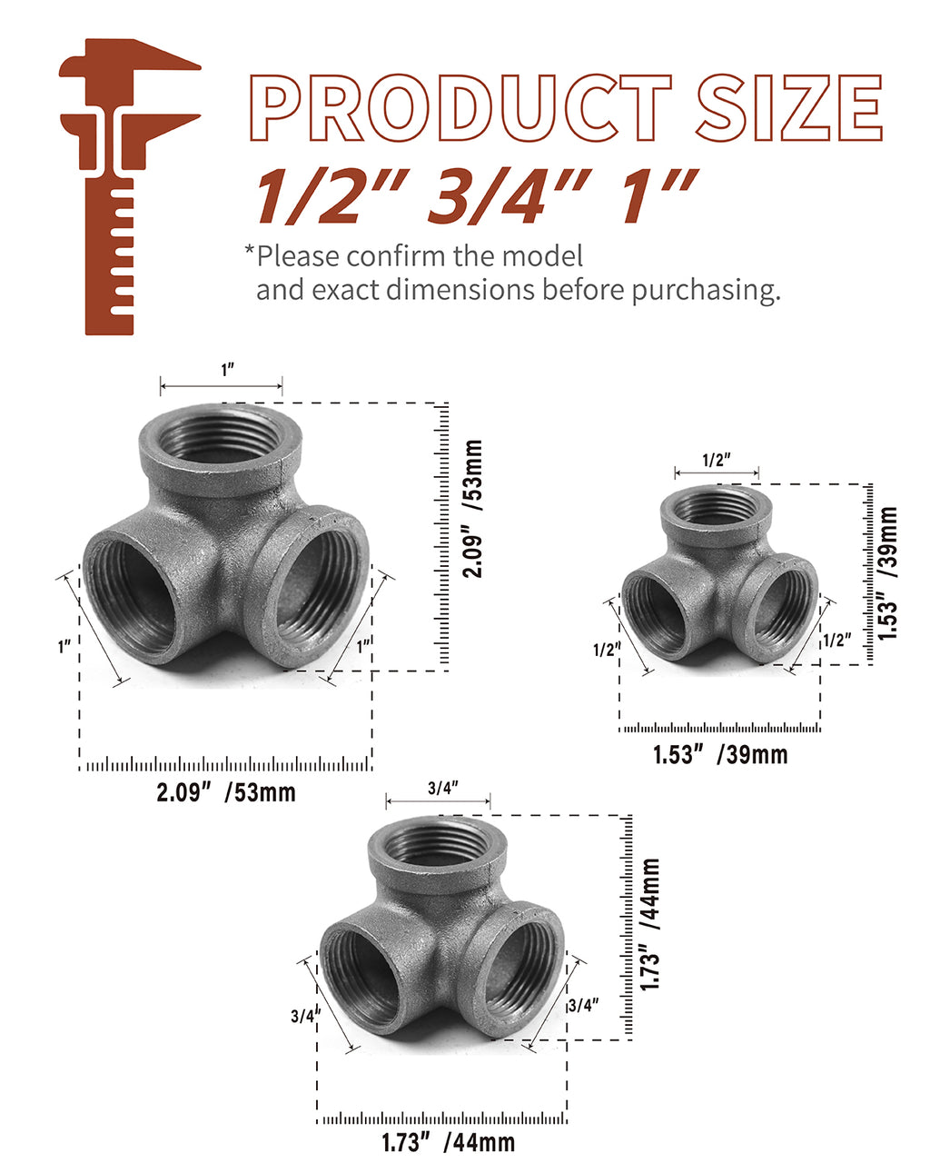 AGUTEA Right Angle Black Malleable Iron Tee Fitting 3-Way Side Exit Elbow Connector
