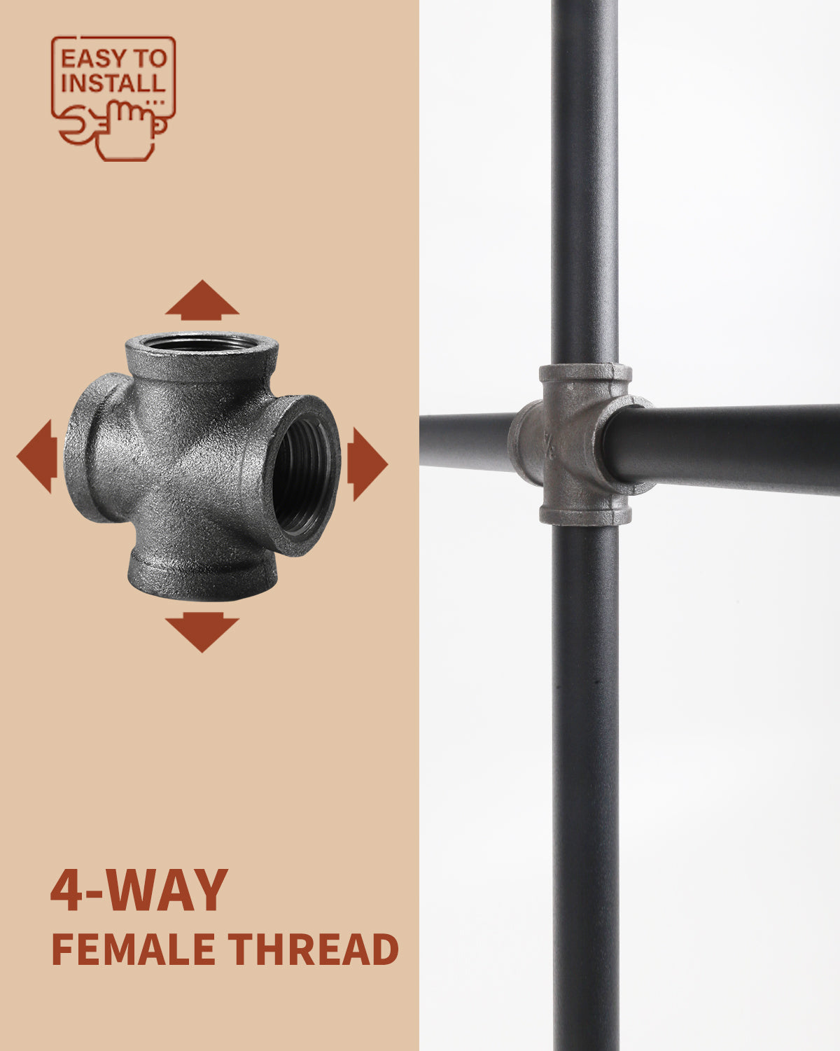 AGUTEA Black 4-Way Cross Fitting Connector, Malleable Iron Fittings with Threaded Holes, Vintage Industrial Decorative Pipe Fitting Stands, Tables, Furniture