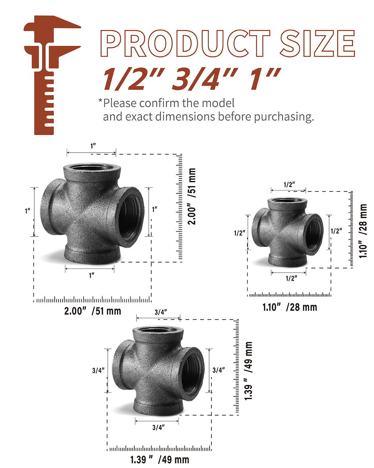 AGUTEA Black 4-Way Cross Fitting Connector, Malleable Iron Fittings with Threaded Holes, Vintage Industrial Decorative Pipe Fitting Stands, Tables, Furniture