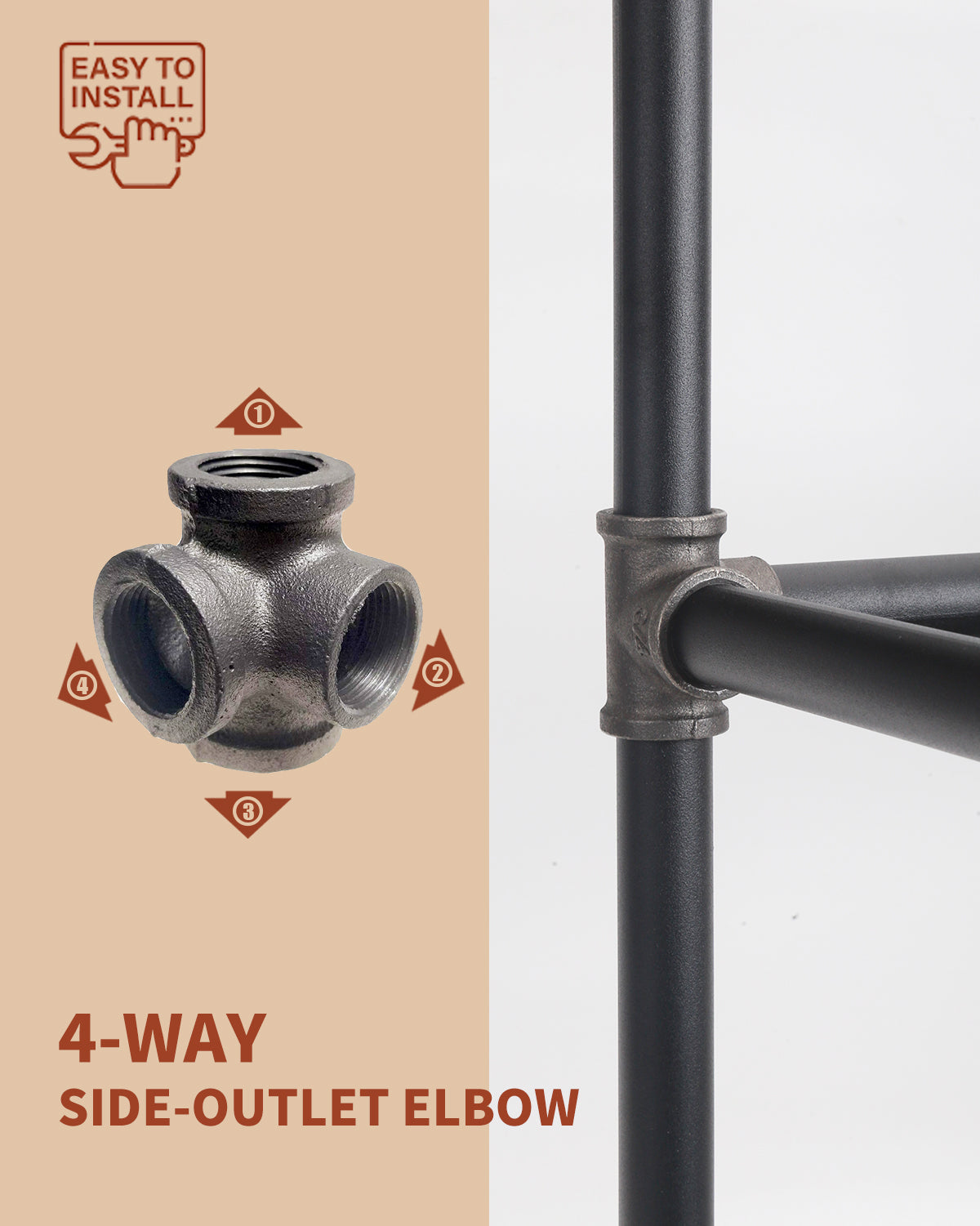 AGUTEA Right Angle Black Malleable Iron Tee Fitting 4-Way Side Exit Elbow Connector  (1-Pack)
