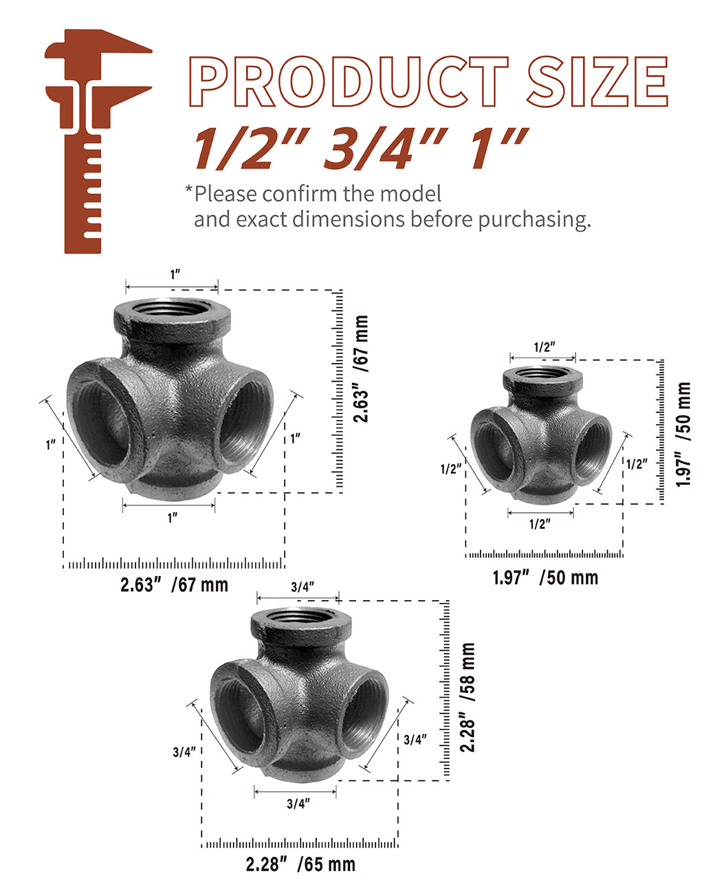 AGUTEA Right Angle Black Malleable Iron Tee Fitting 4-Way Side Exit Elbow Connector (1-Pack)