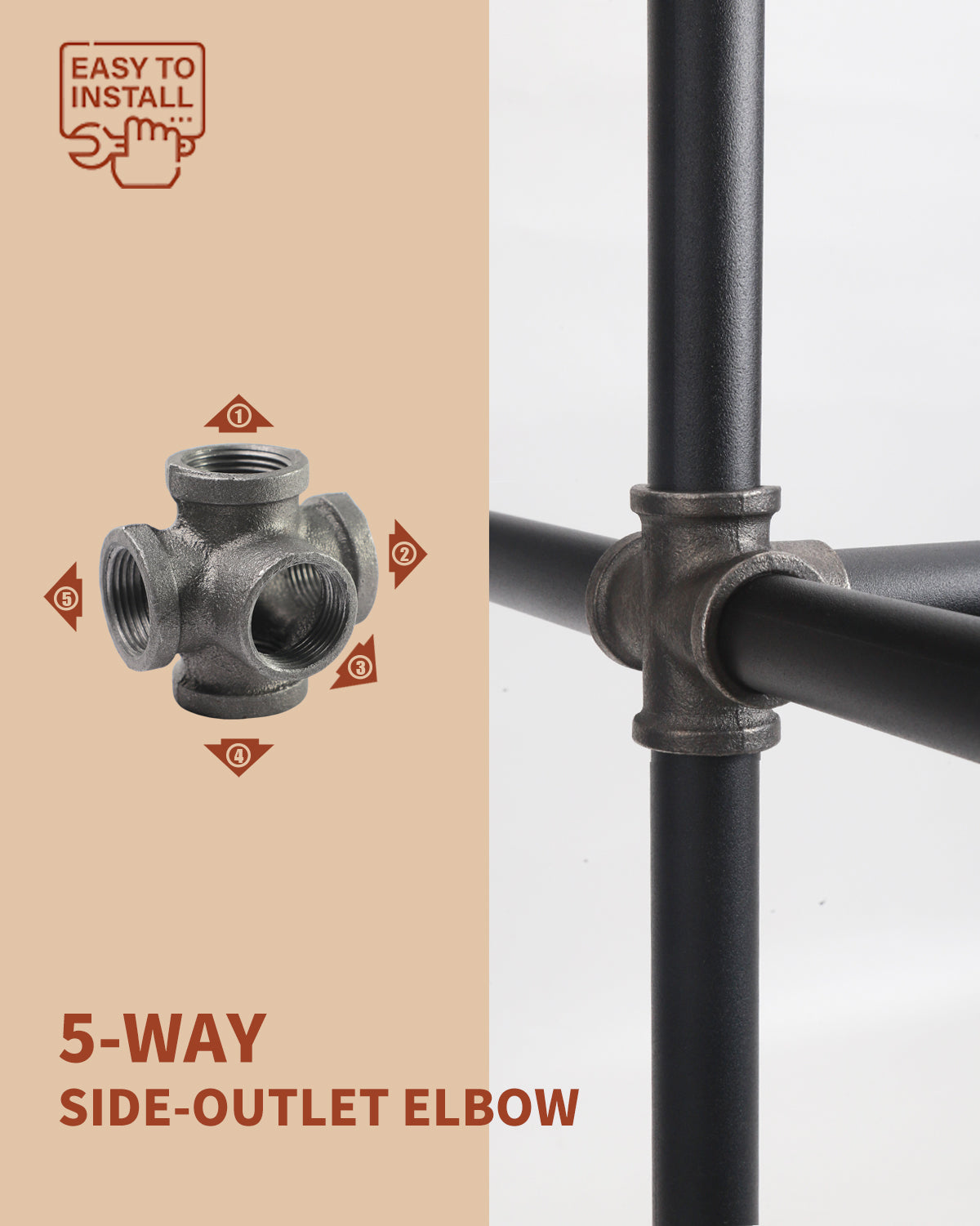 AGUTEA Black 5-way Side Exit Cross,Cast Iron Pipe Fitting Cast Iron Angle Pipe Fitting for Vintage Style DIY Projects/Furniture/Shelves