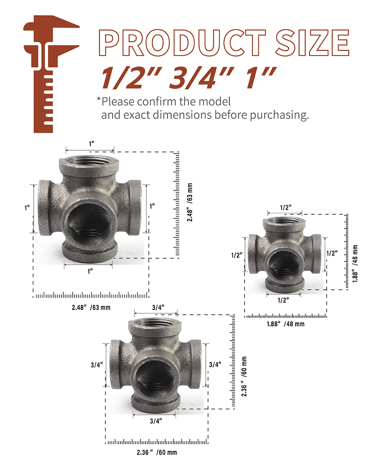 AGUTEA Black 5-way Side Exit Cross,Cast Iron Pipe Fitting Cast Iron Angle Pipe Fitting for Vintage Style DIY Projects/Furniture/Shelves