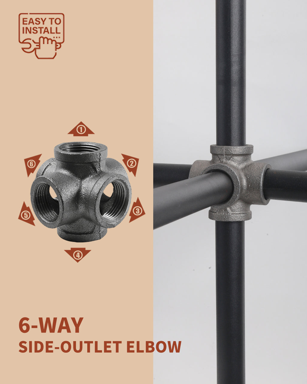 AGUTEA Black 6-Way Side Exit Cross, Cast Iron Pipe Fitting Cast Iron Angle Pipe Fitting for Vintage Style DIY Projects/Furniture/Shelves (Pack of 1)