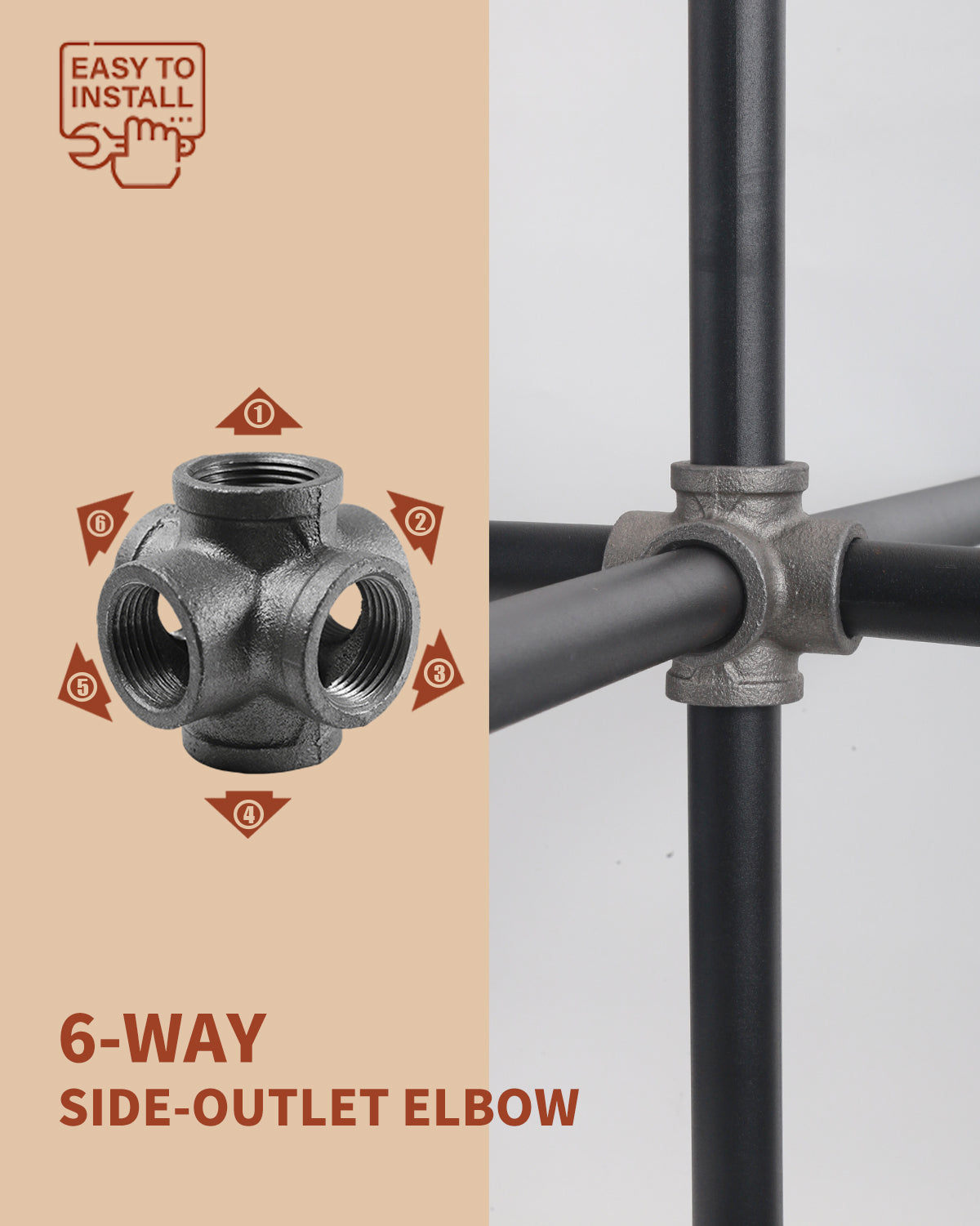 AGUTEA Black 6-Way Side Exit Cross, Cast Iron Pipe Fitting Cast Iron Angle Pipe Fitting for Vintage Style DIY Projects/Furniture/Shelves