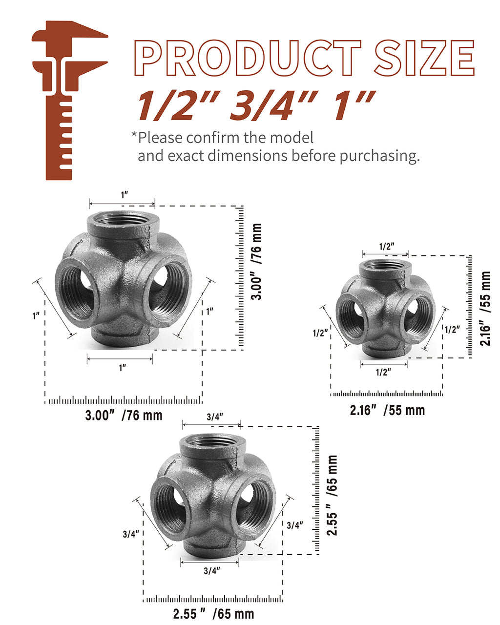 AGUTEA Black 6-Way Side Exit Cross, Cast Iron Pipe Fitting Cast Iron Angle Pipe Fitting for Vintage Style DIY Projects/Furniture/Shelves (Pack of 1)