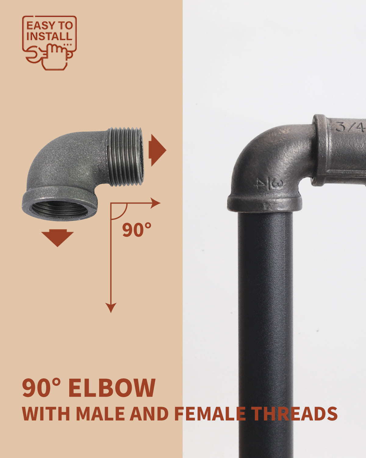 AGUTEA Black malleable cast iron 90 degree elbow fittings female to male interconnects connectors and fittings for vintage DIY furniture tables and shelves