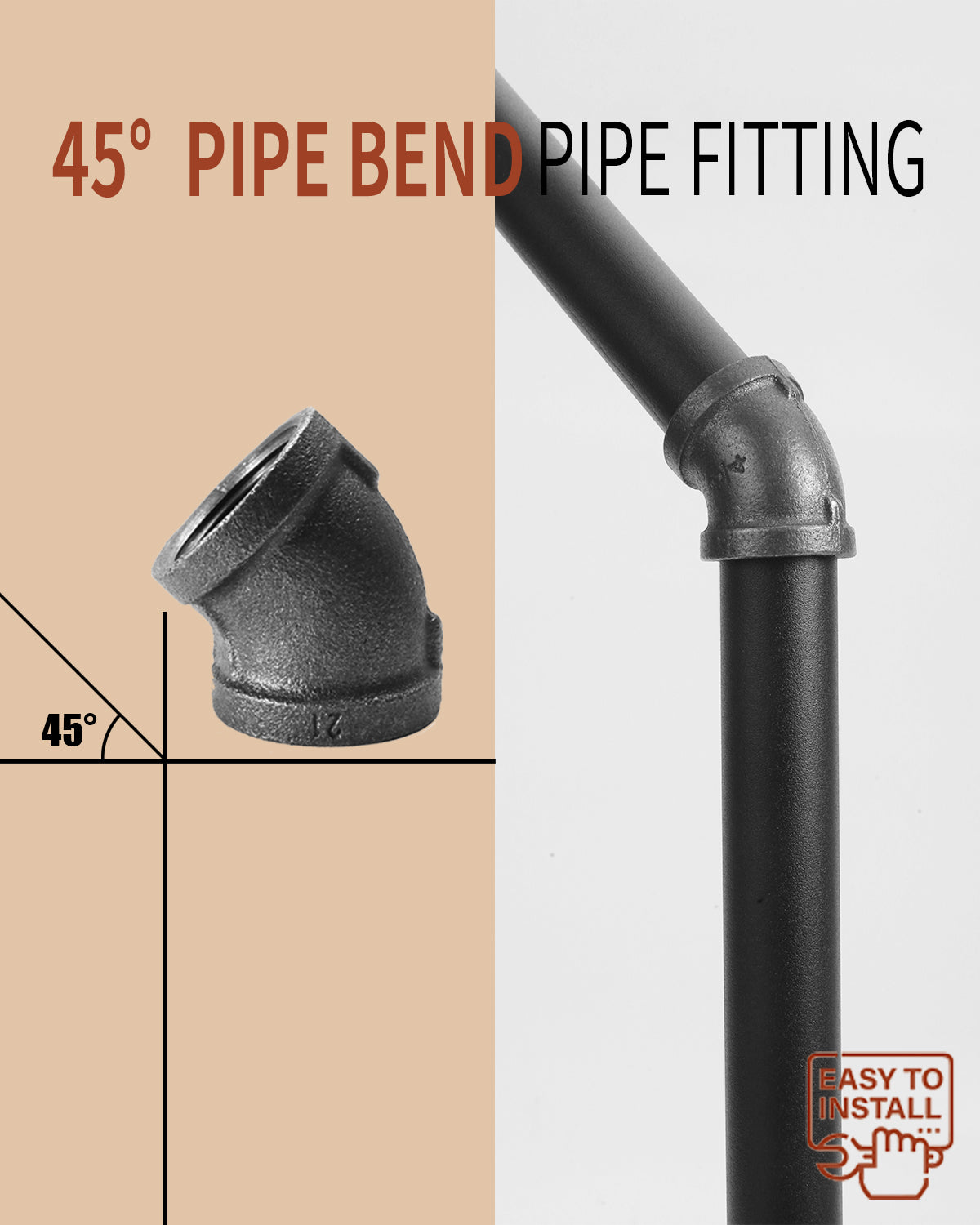AGUTEA Black cast iron pipe fittings, 45 degree elbows, internal thread elbows, suitable for DIY steampunk retro style shelf bracket water pipes (Pack of 4)