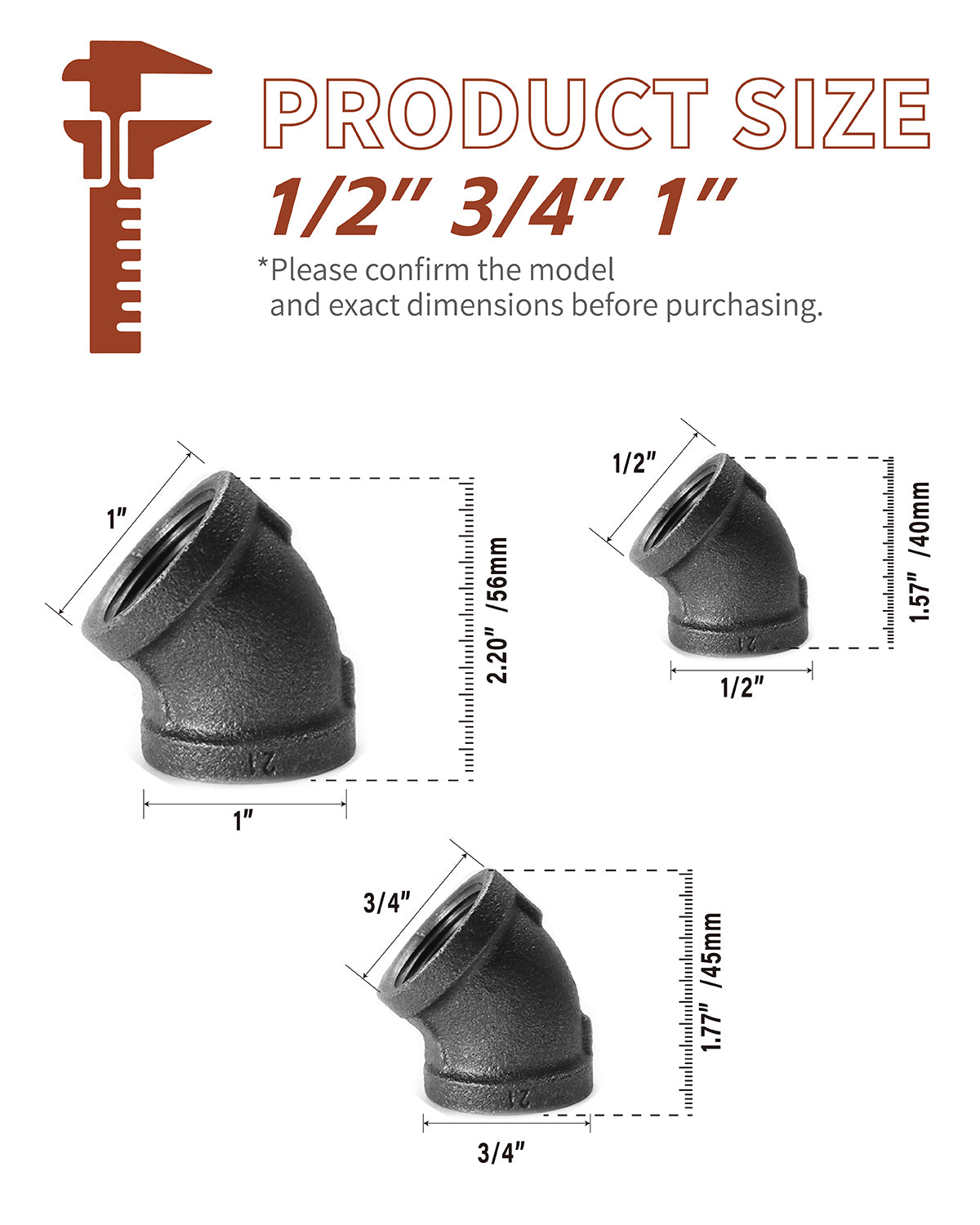 AGUTEA Black cast iron pipe fittings, 45 degree elbows, internal thread elbows, suitable for DIY steampunk retro style shelf bracket water pipes (Pack of 4)
