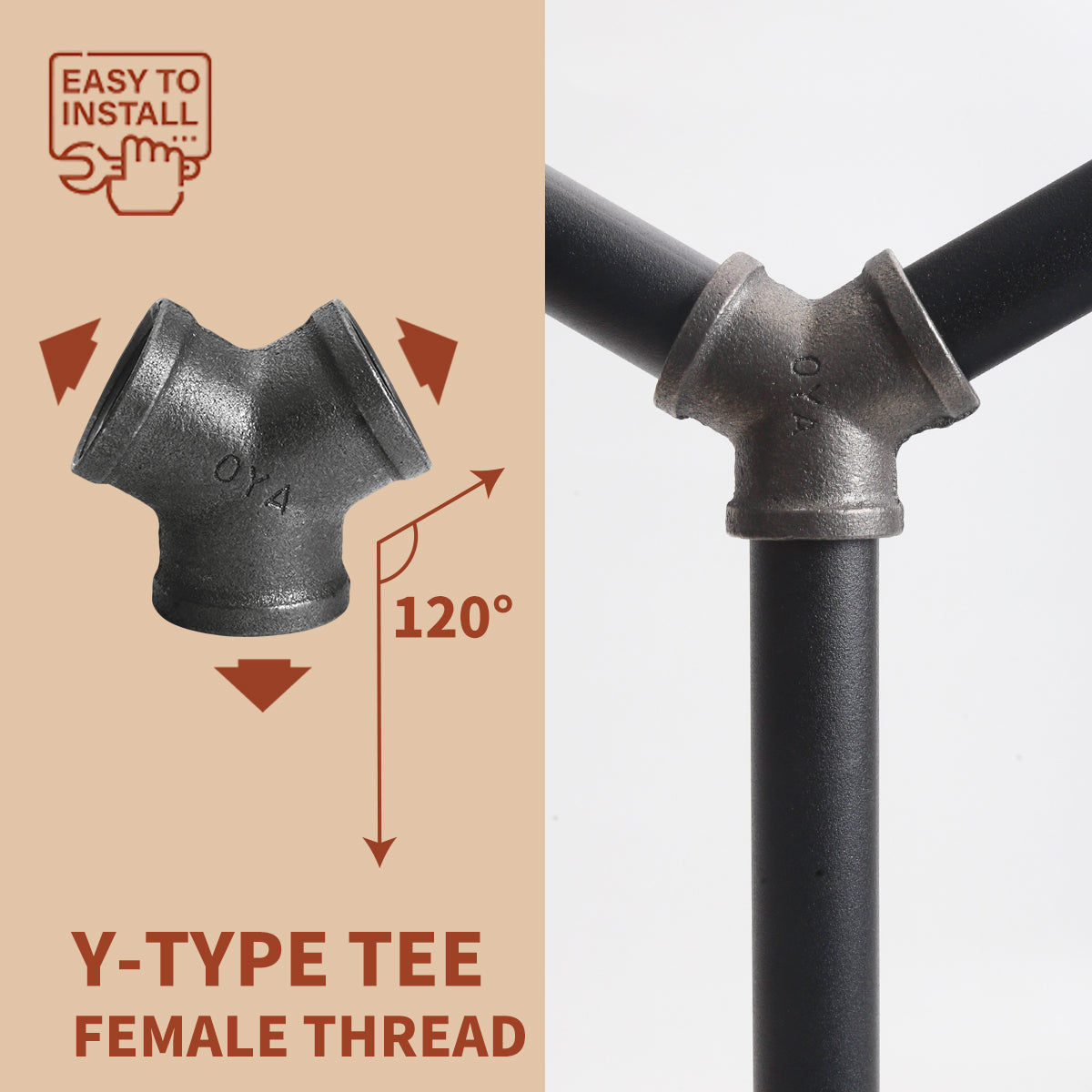 AGUTEA Black Cast Iron Y-Shaped Connector, Y-Type Fitting, Three-Way Connector, Suitable for DIY Industrial-Style Furniture Decorative Brackets