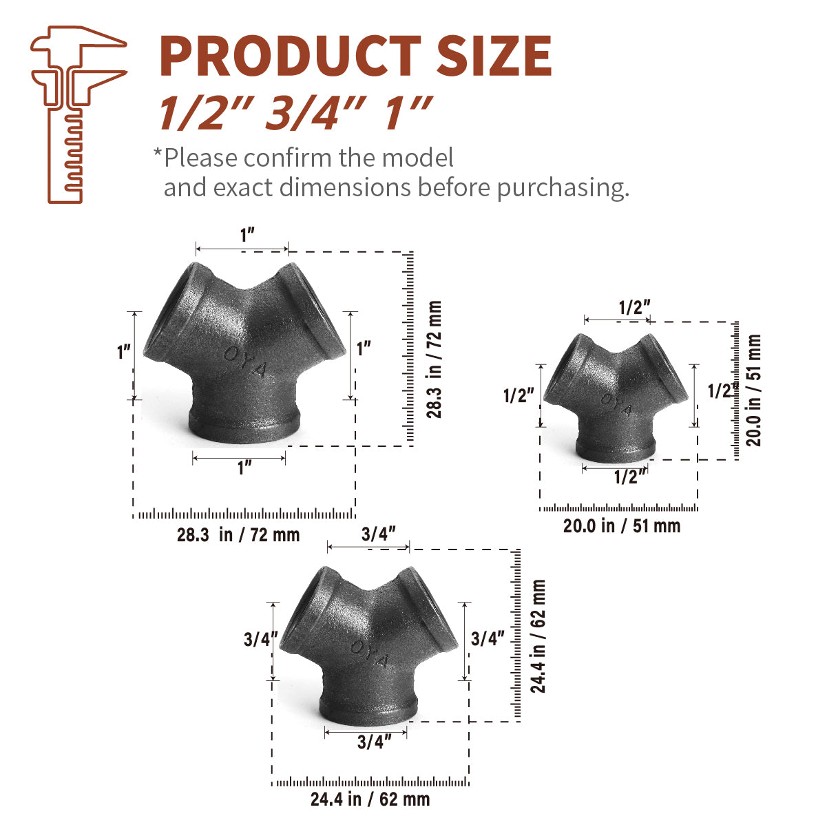AGUTEA Black Cast Iron Y-Shaped Connector, Y-Type Fitting, Three-Way Connector, Suitable for DIY Industrial-Style Furniture Decorative Brackets (1 Piece) (1/2" 3/4"1")